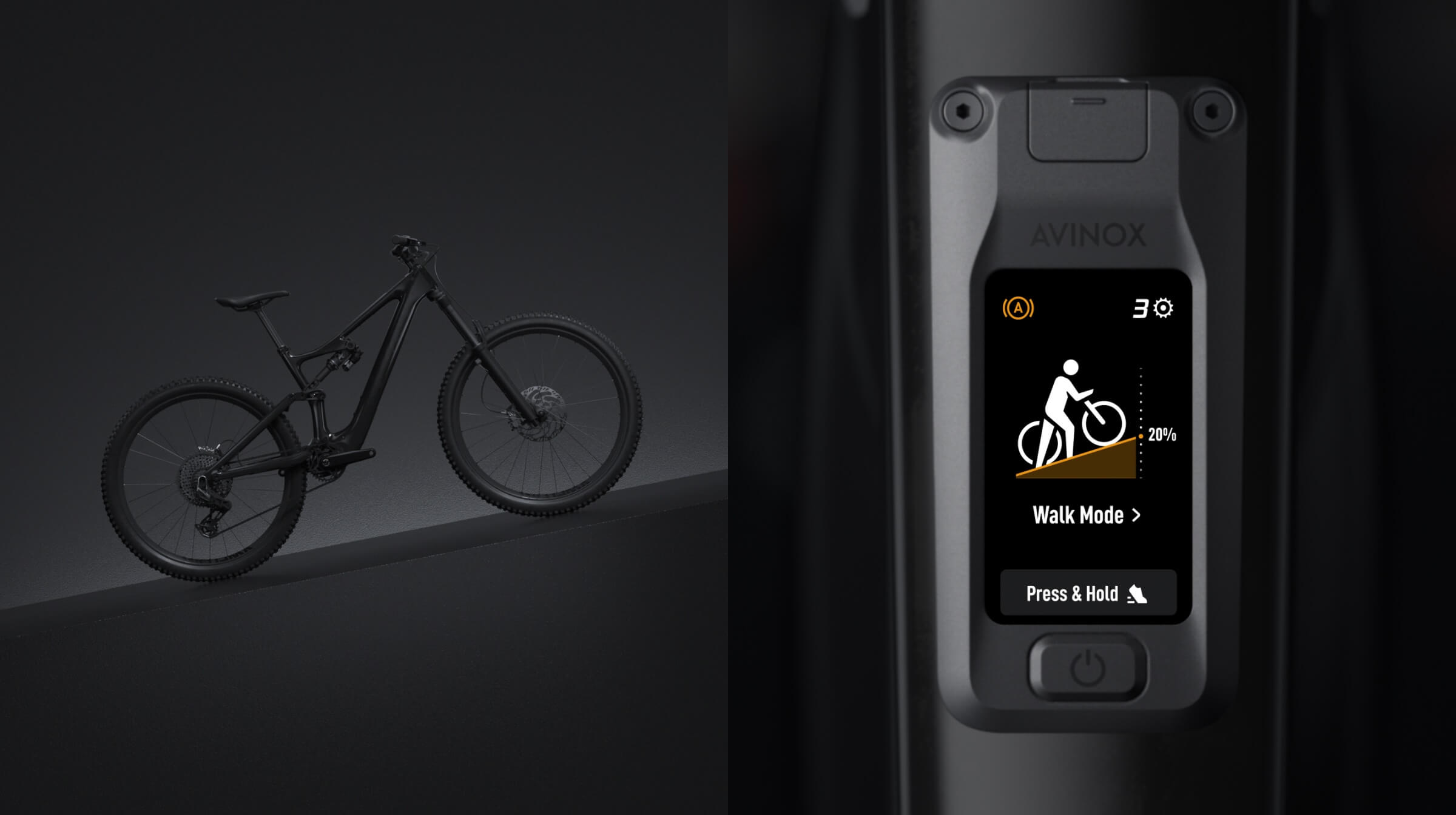 avinox walk mode display assisting an e mountain bike uphill