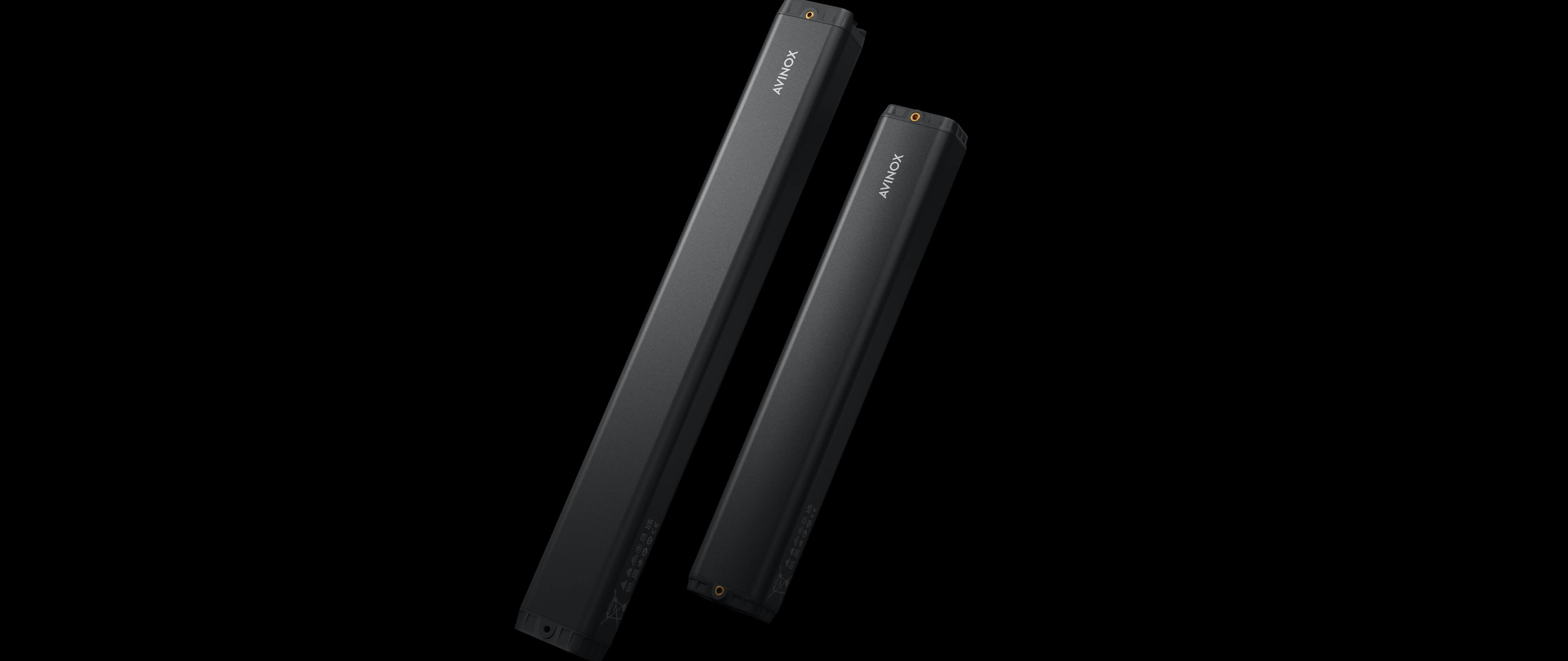 two avinox e bike batteries in different sizes on black background