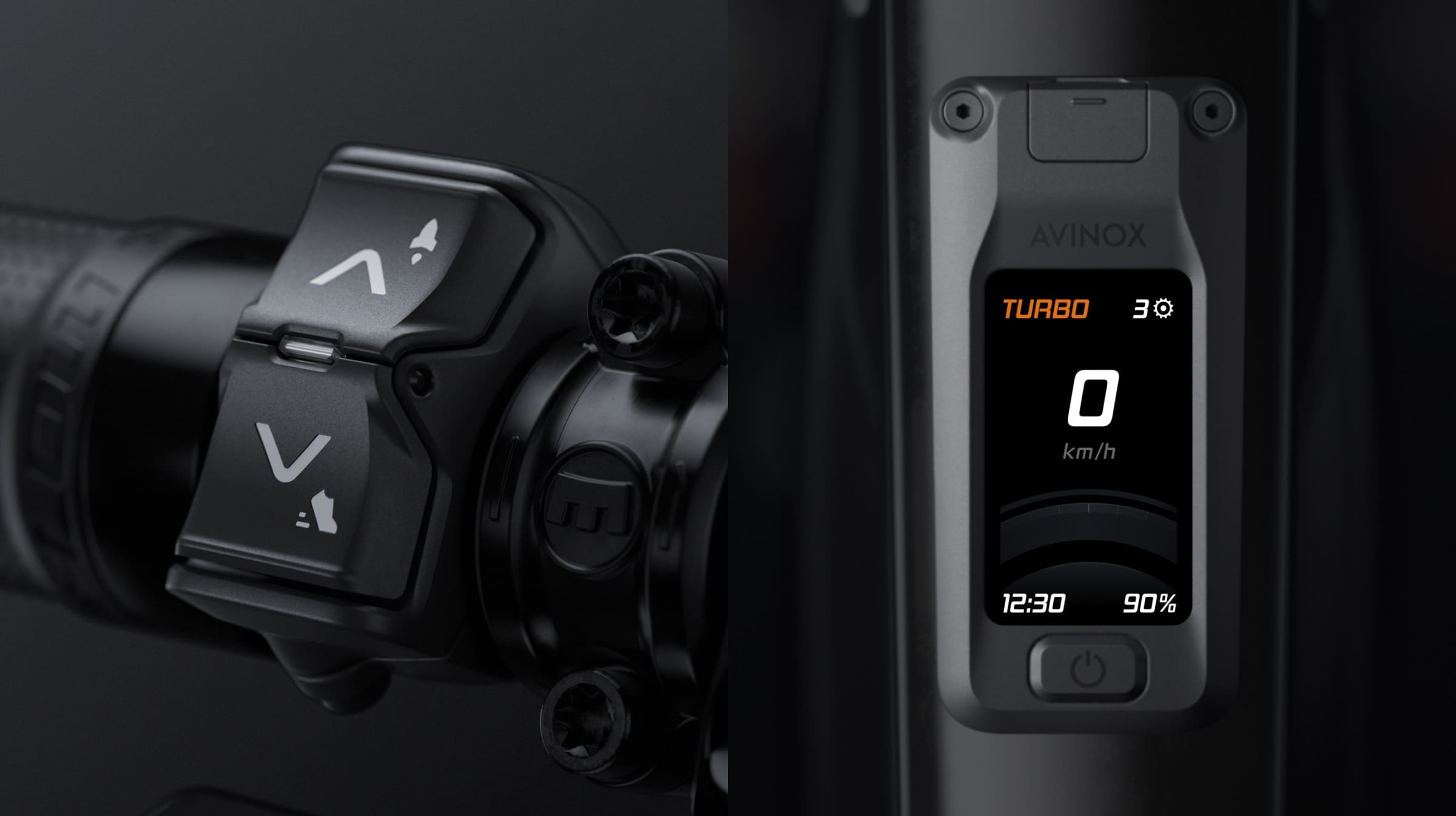 Close-up of Avinox handlebar controller and display in Turbo mode.